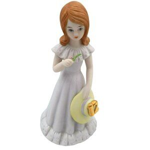 Enesco Birthday Girl 12 Brunette Figure With Hat Small Flower 5.5 Inches 1982